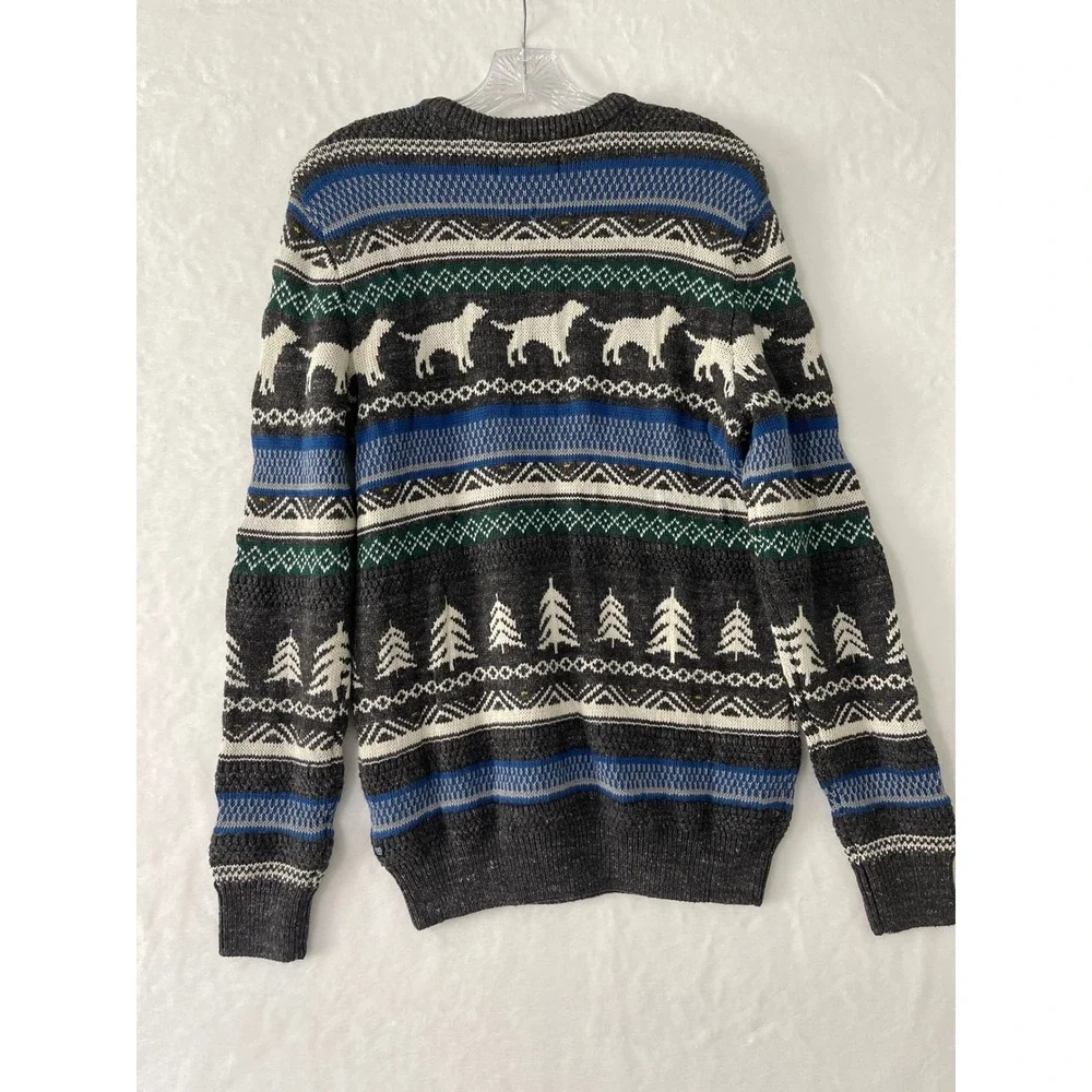 Chaps Mens Fair Isle Dog Pine Tree Sweater Grey Blue Cotton Blend Small Preppy